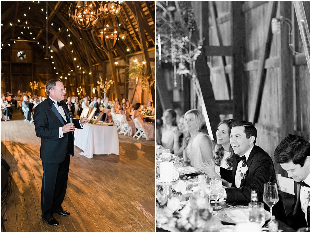  Arielle Peters Photography | Father of bride giving speech at wedding reception on wedding day at St. Joseph's Farm in Granger, Indiana.