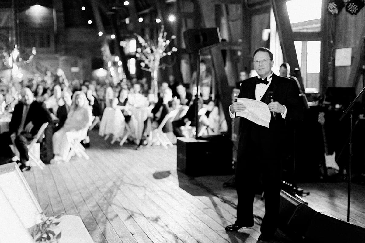  Arielle Peters Photography | Father of bride giving speech at wedding reception on wedding day at St. Joseph's Farm in Granger, Indiana.