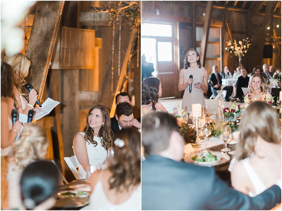  Arielle Peters Photography | Maid of honor giving speech at wedding reception on wedding day at St. Joseph's Farm in Granger, Indiana.