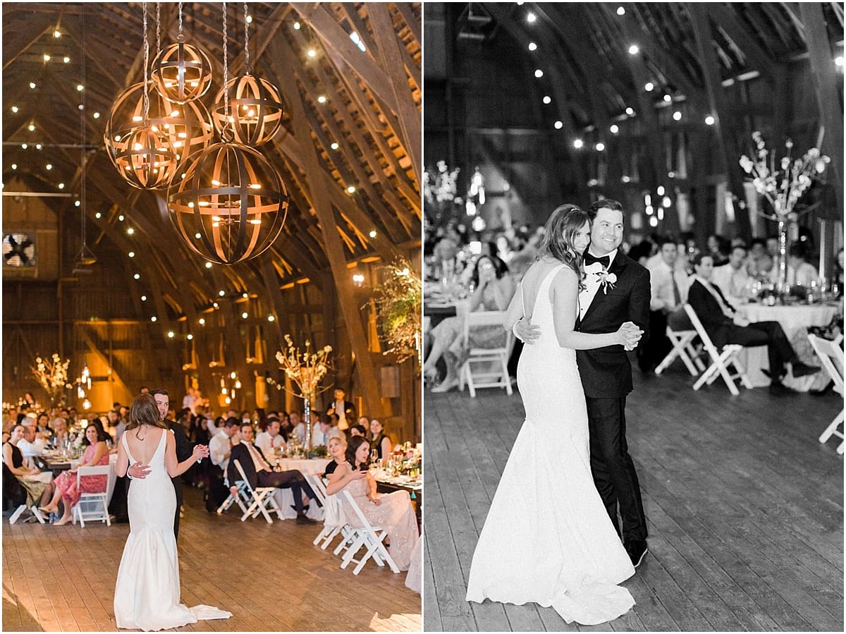  Arielle Peters Photography | Bride and groom sharing first dance at wedding reception on wedding day at St. Joseph's Farm in Granger, Indiana.