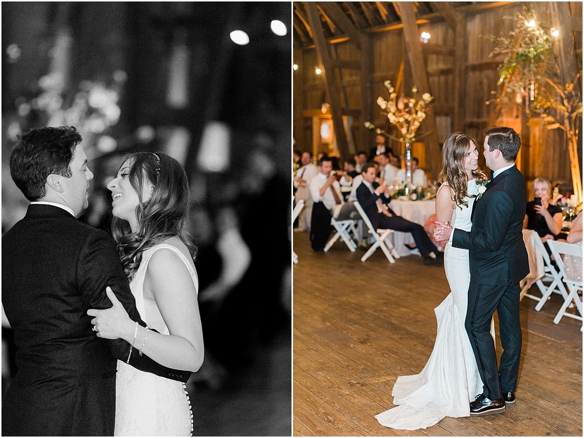  Arielle Peters Photography | Bride and groom sharing first dance at wedding reception on wedding day at St. Joseph's Farm in Granger, Indiana.