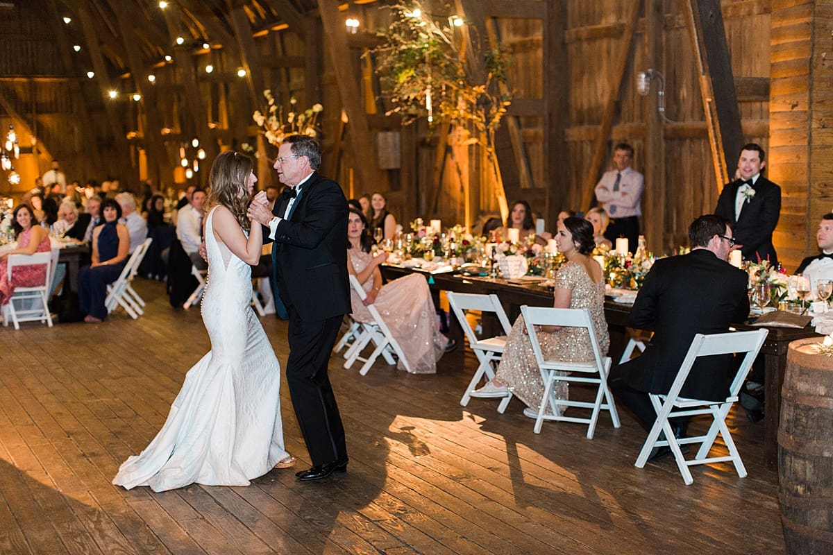  Arielle Peters Photography | Father of bride and bride sharing a dance at wedding reception on wedding day at St. Joseph's Farm in Granger, Indiana.