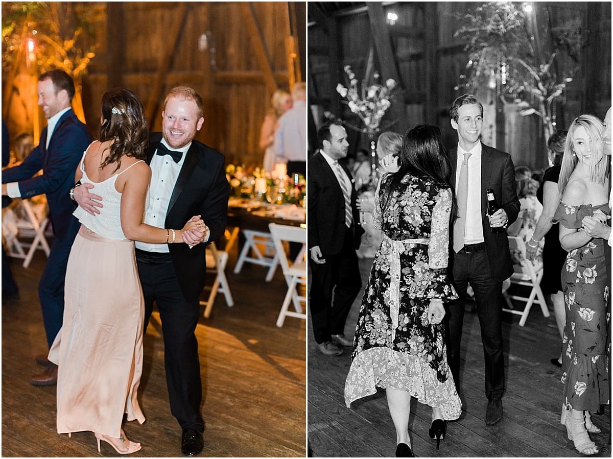  Arielle Peters Photography | Wedding guests dancing at wedding reception on wedding day at St. Joseph's Farm in Granger, Indiana.