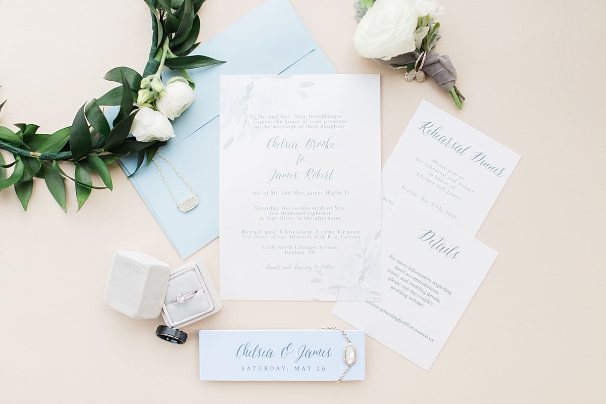 Arielle Peters Photography | Wedding invitation and jewelry on wedding day in Winona Lake, Indiana. 