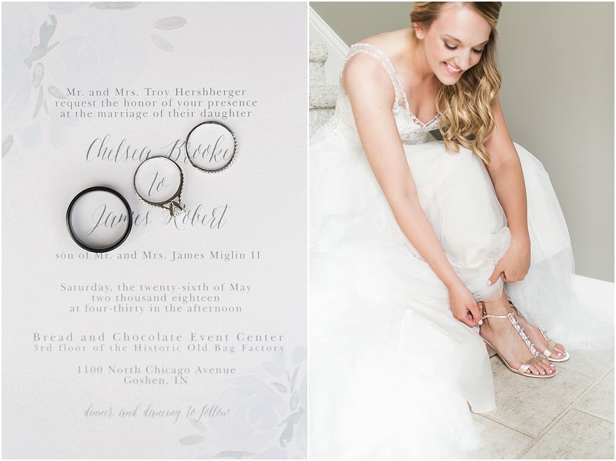 Arielle Peters Photography | Bride putting on wedding day shoes at home on wedding day in Winona Lake, Indiana. 