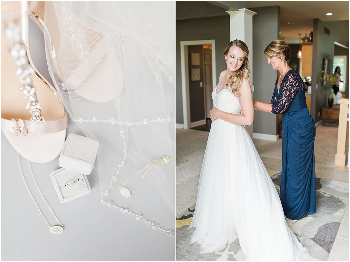 Arielle Peters Photography | Mother of bride helping bride get ready at home on wedding day in Winona Lake, Indiana. 