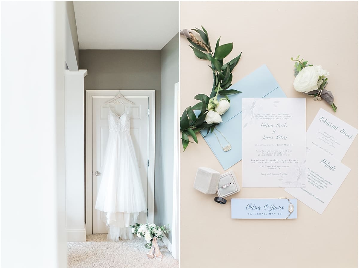 Arielle Peters Photography | Wedding dress hanging in doorway at home in Winona Lake, Indiana. 