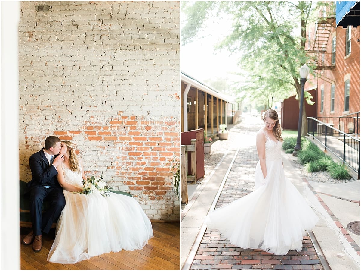 Arielle Peters Photography | Bride and groom kissing by old brick wall on wedding day at Bread & Chocolate in Goshen, Indiana.