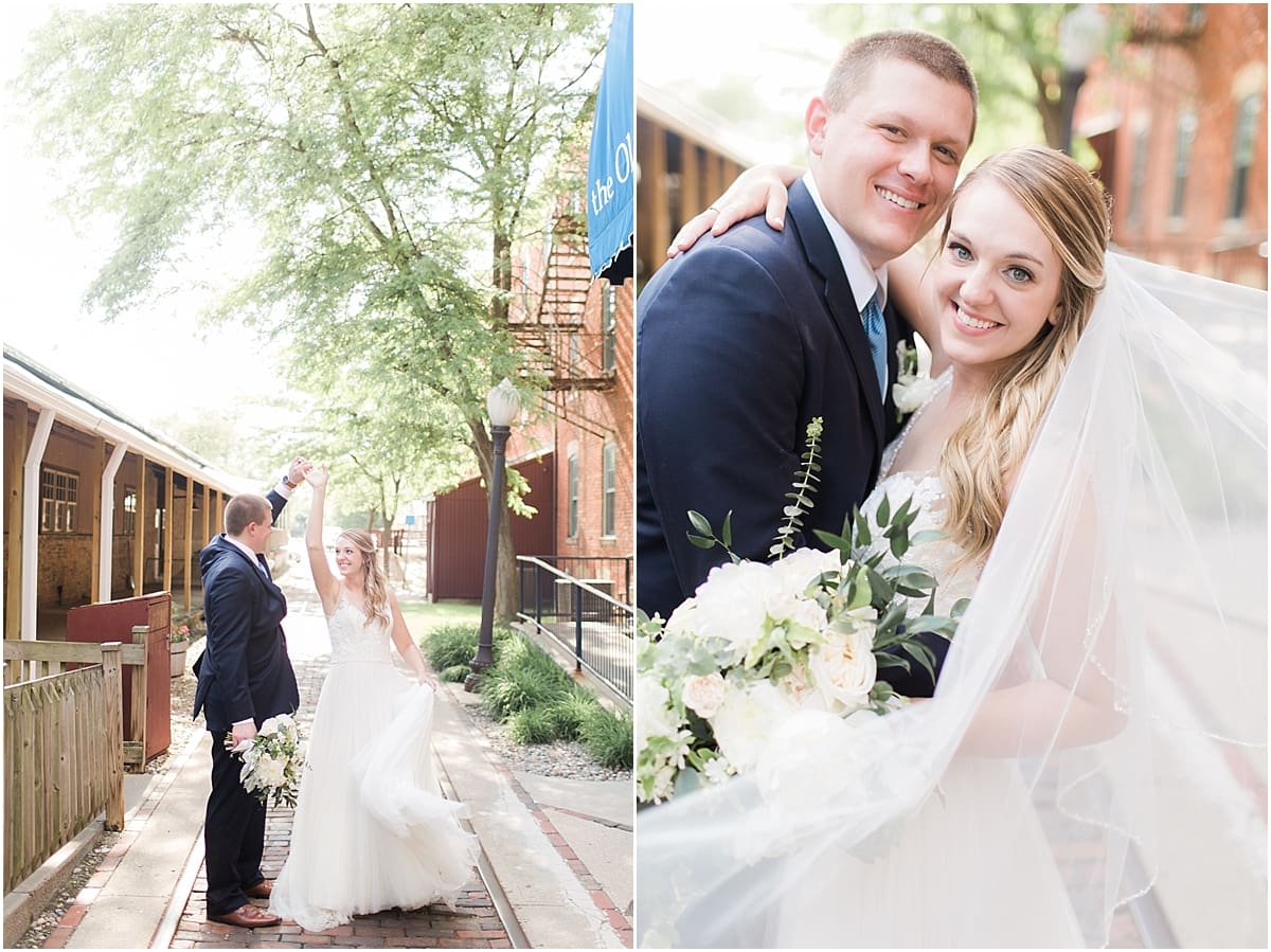 Arielle Peters Photography | Bride and groom dancing by brick building on wedding day at Bread & Chocolate in Goshen, Indiana.