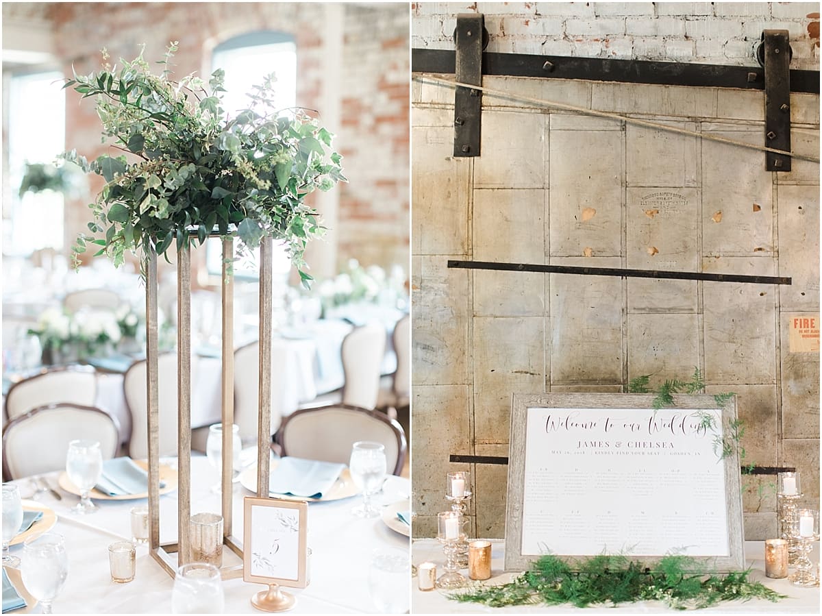 Arielle Peters Photography | Wedding reception table settings and floral arrangements on wedding day at Bread & Chocolate in Goshen, Indiana.