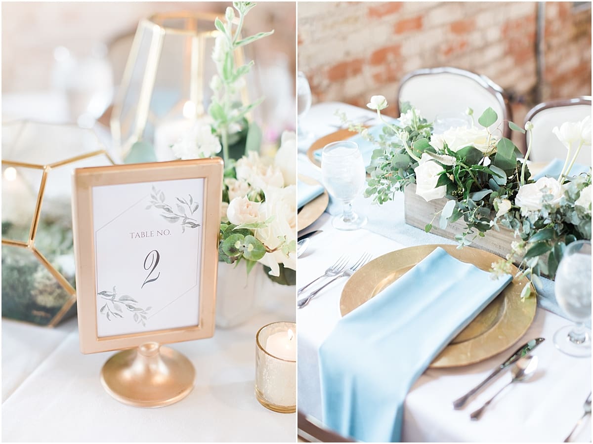 Arielle Peters Photography | Wedding reception table settings and floral arrangements on wedding day at Bread & Chocolate in Goshen, Indiana.
