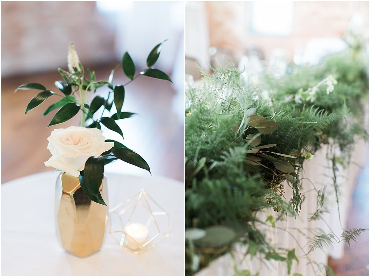 Arielle Peters Photography | Wedding reception table settings and floral arrangements on wedding day at Bread & Chocolate in Goshen, Indiana.