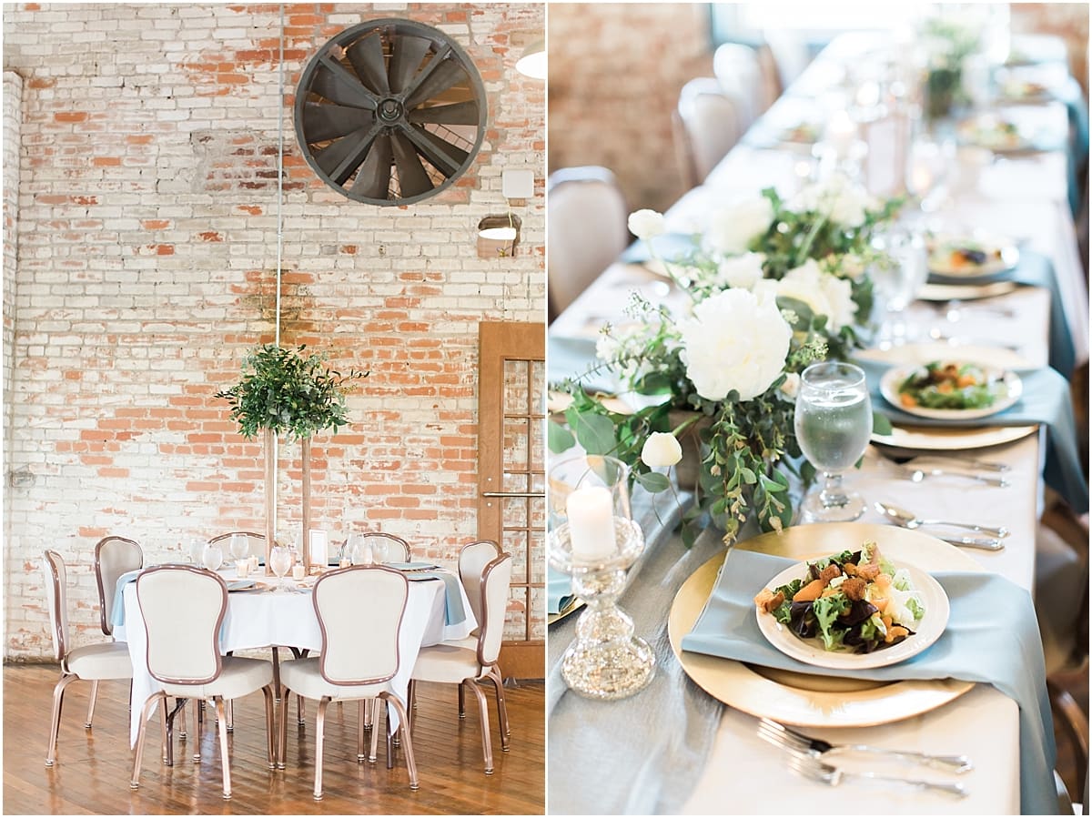 Arielle Peters Photography | Wedding reception table settings and floral arrangements on wedding day at Bread & Chocolate in Goshen, Indiana.