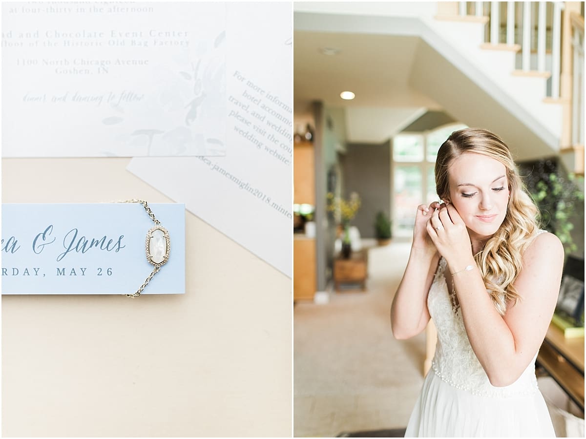 Arielle Peters Photography | Bride putting on jewelry at home on wedding day in Winona Lake, Indiana. 