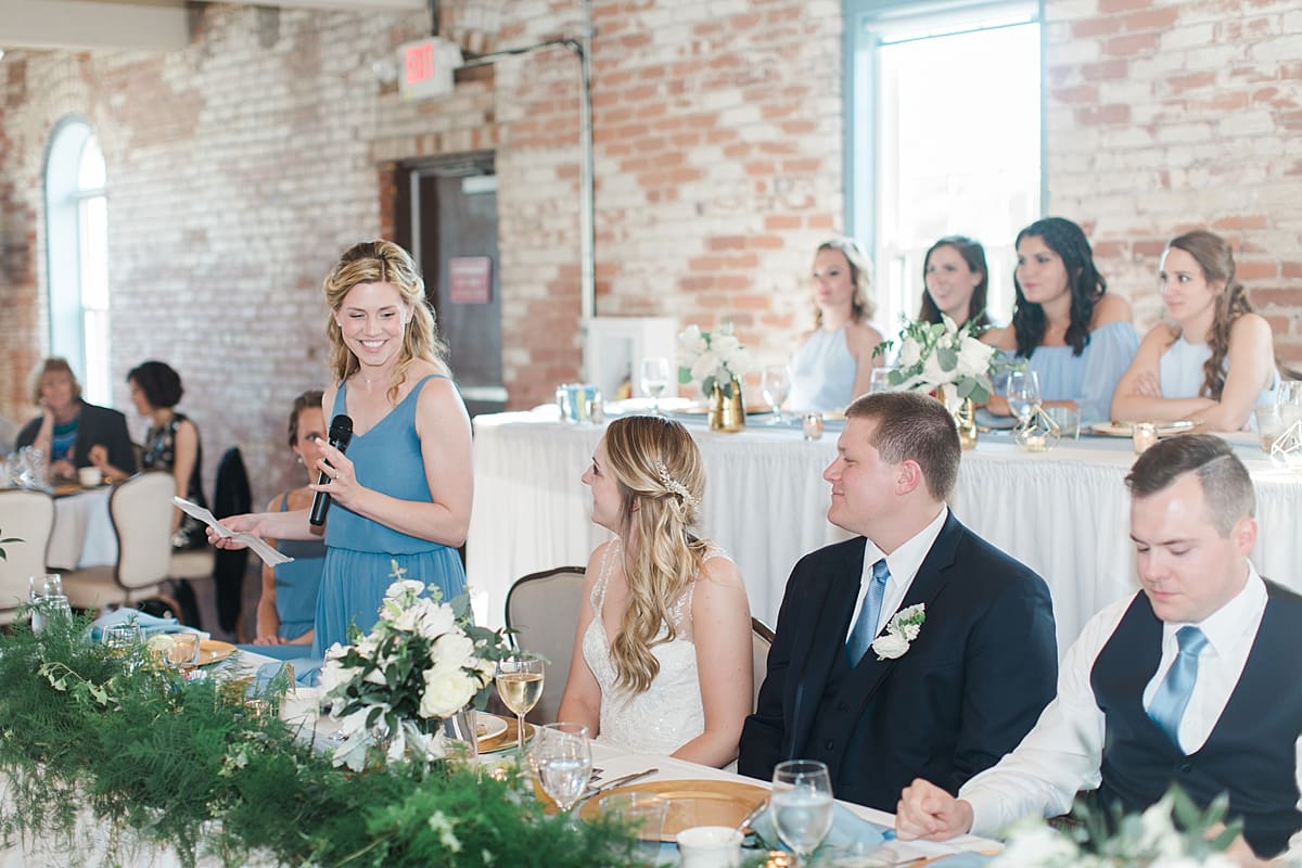 Arielle Peters Photography | Maid of honor giving speech at wedding reception on wedding day at Bread & Chocolate in Goshen, Indiana.