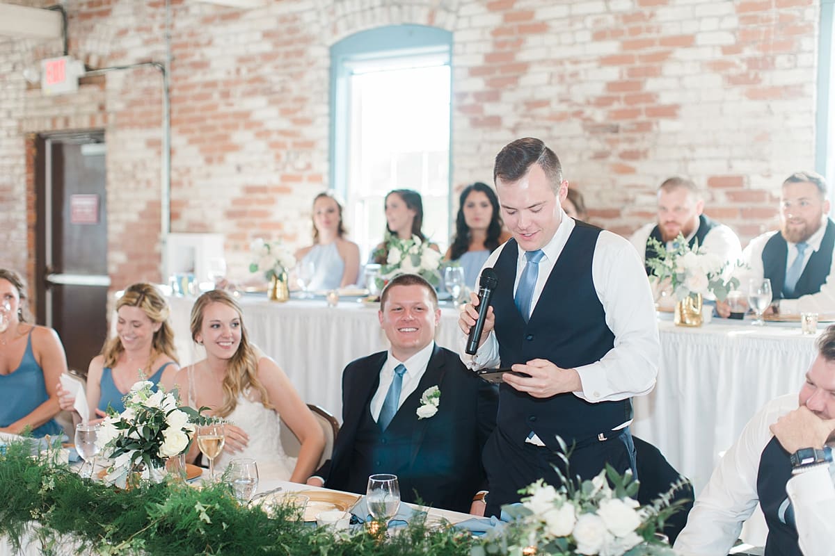 Arielle Peters Photography | Best man giving speech at wedding reception on wedding day at Bread & Chocolate in Goshen, Indiana.