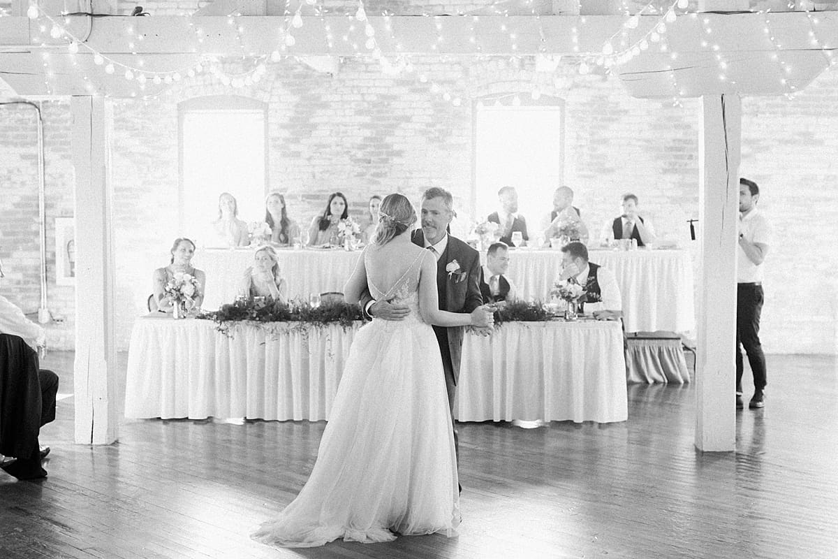 Arielle Peters Photography | Father of bride and bride sharing a dance at wedding reception on wedding day at Bread & Chocolate in Goshen, Indiana.