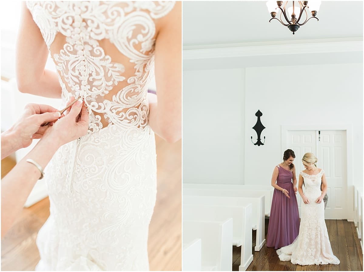 Arielle Peters Photography | Mother of bride helping bride get dressed in church on wedding day at The Morris Estate in Niles, Michigan.