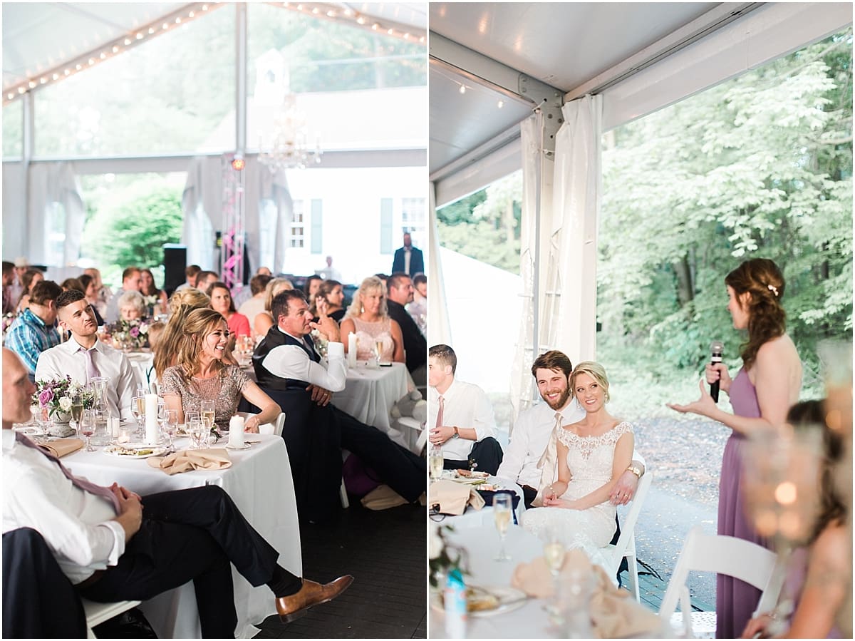  Arielle Peters Photography | Maid of honor giving speech in outdoor tent wedding reception at The Morris Estate in Niles, Michigan.