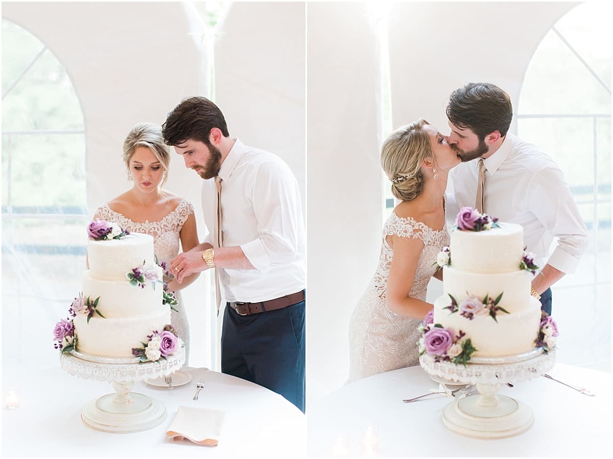  Arielle Peters Photography | Bride and groom cutting the cake in outdoor tent wedding reception at The Morris Estate in Niles, Michigan.
