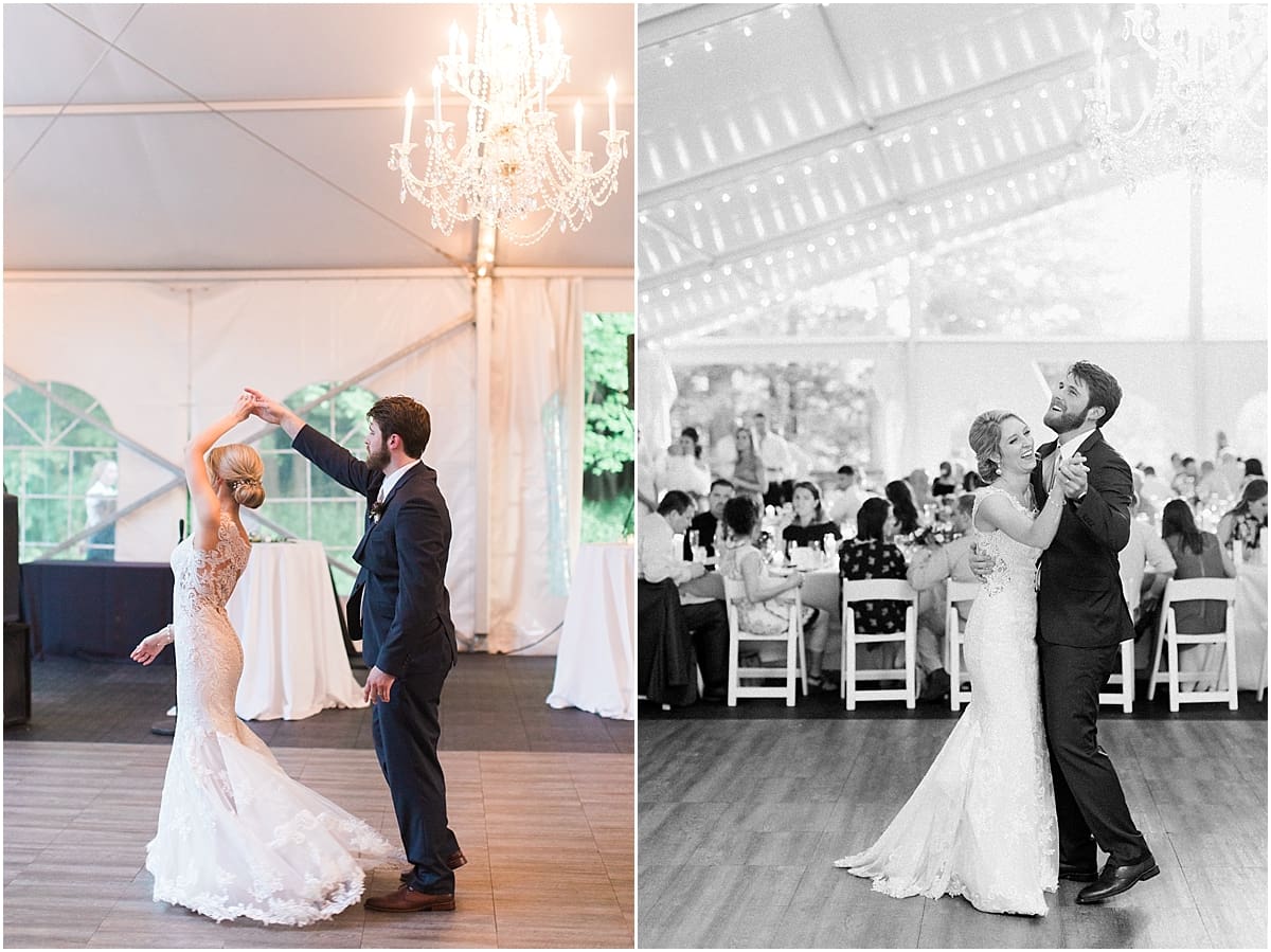  Arielle Peters Photography | Bride and groom sharing first dance in outdoor tent wedding reception at The Morris Estate in Niles, Michigan.
