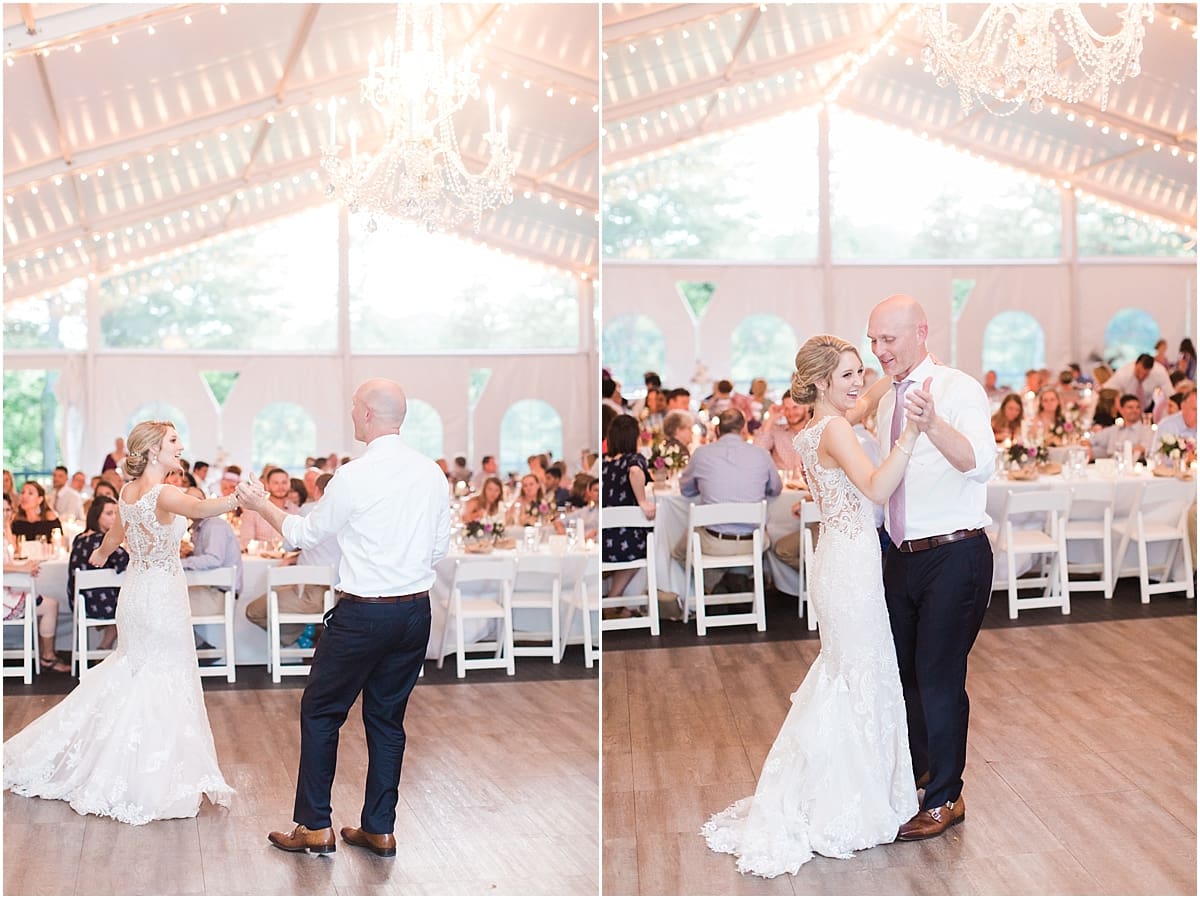  Arielle Peters Photography | Father of bride and bride sharing a dance in outdoor tent wedding reception at The Morris Estate in Niles, Michigan.