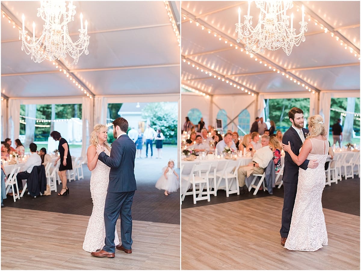  Arielle Peters Photography | Mother of groom and groom sharing a dance in outdoor tent wedding reception at The Morris Estate in Niles, Michigan.