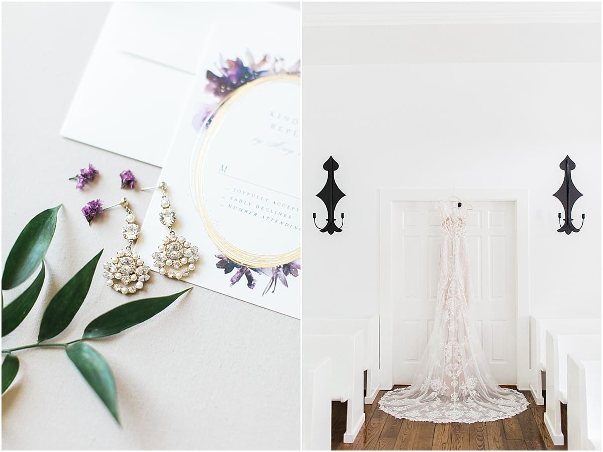 Arielle Peters Photography | Wedding dress hanging in doorway in church on wedding day at The Morris Estate in Niles, Michigan.