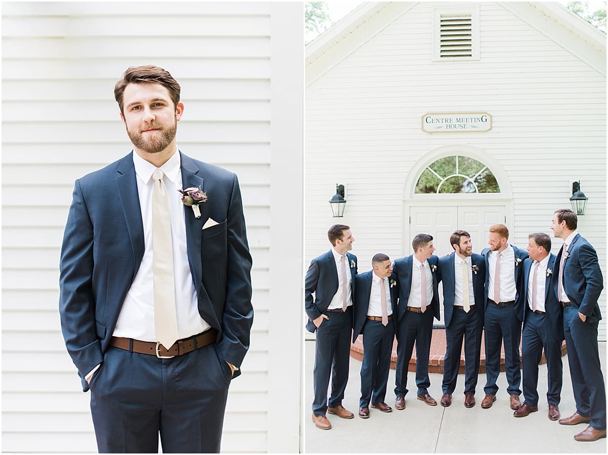  Arielle Peters Photography | Groom and groomsmen outside church on wedding day at The Morris Estate in Niles, Michigan.