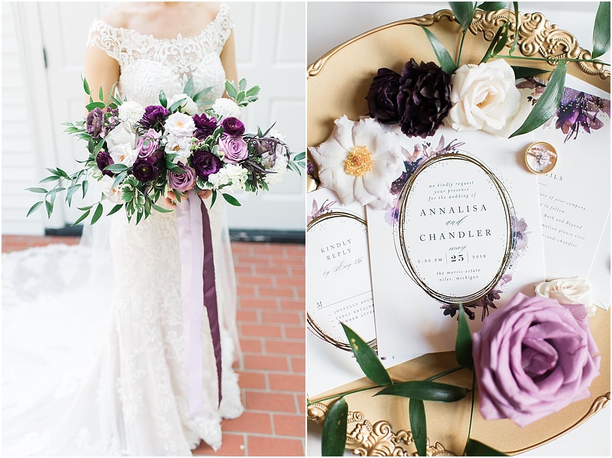  Arielle Peters Photography | Bride holding purple bouquet on wedding day at The Morris Estate in Niles, Michigan.