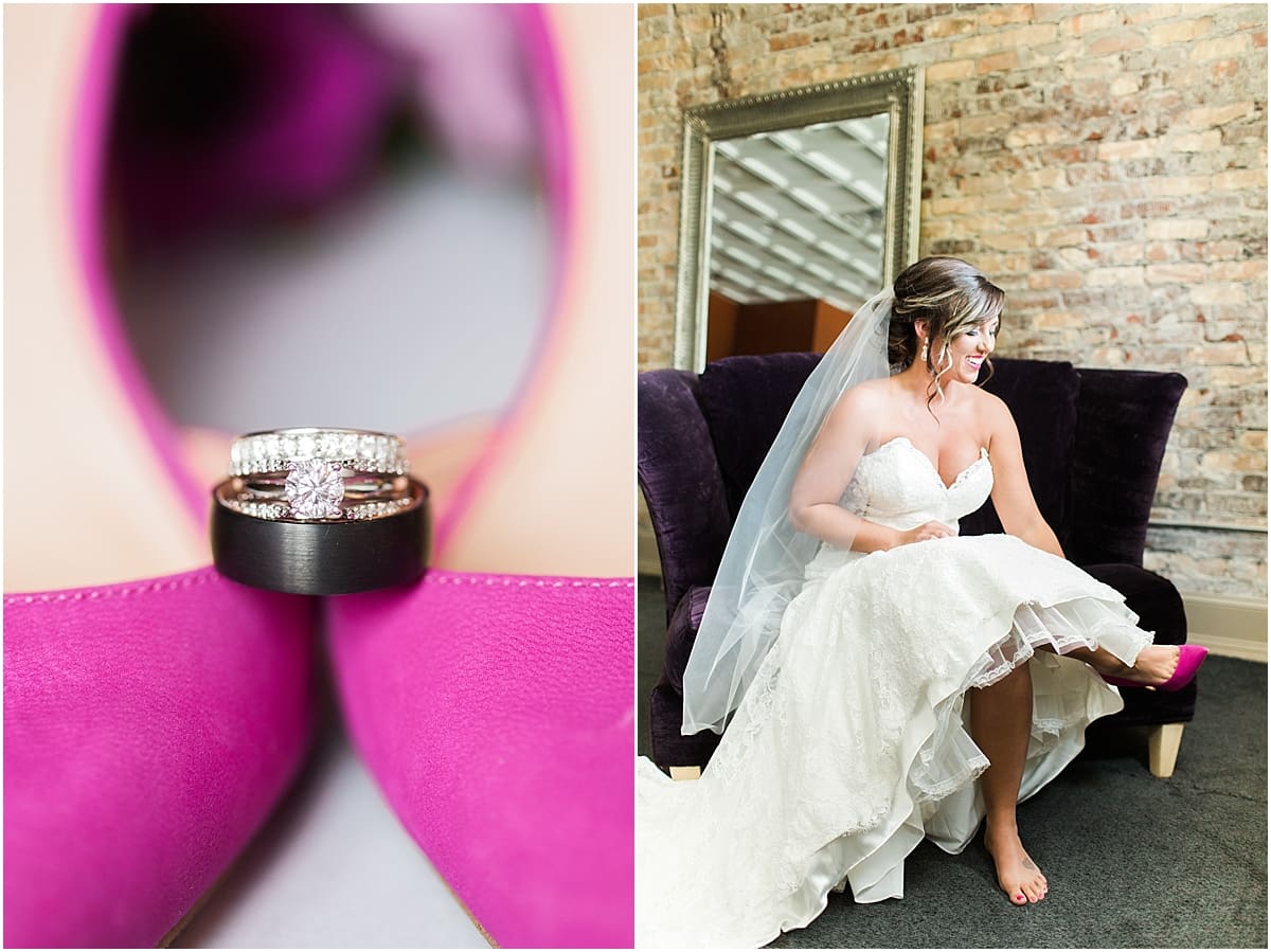 Arielle Peters Photography | Bride putting on shoes on wedding day at The Allure in LaPorte, Indiana.