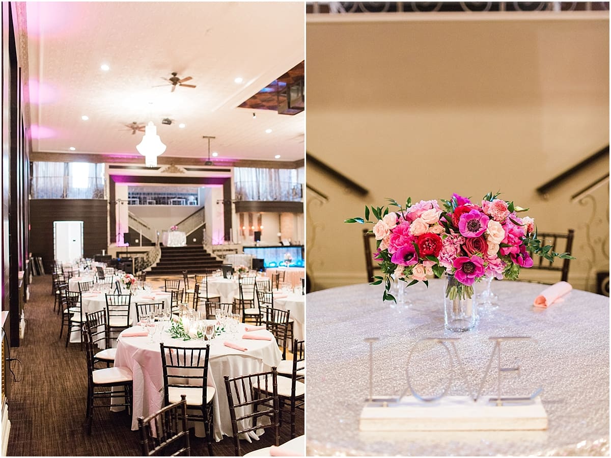 Arielle Peters Photography | Wedding reception table settings and floral arrangements at The Allure in LaPorte, Indiana on wedding day.