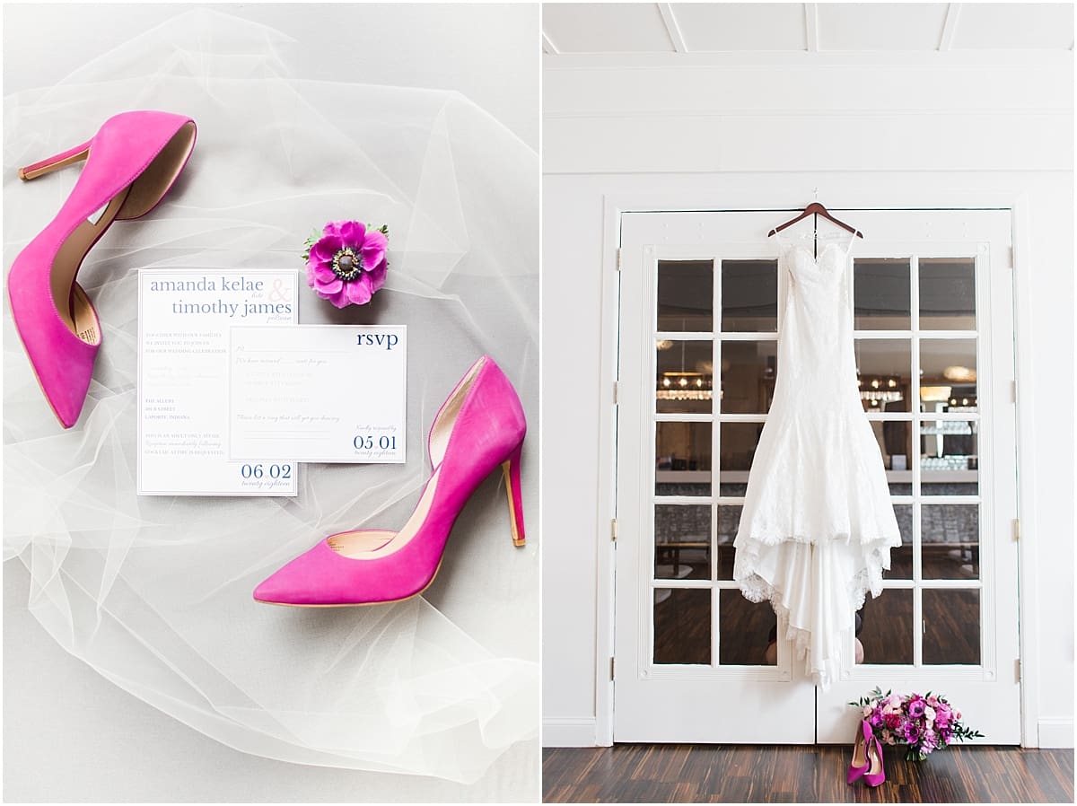 Arielle Peters Photography | Wedding gown hanging in front of french doors on wedding day at The Allure in LaPorte, Indiana.