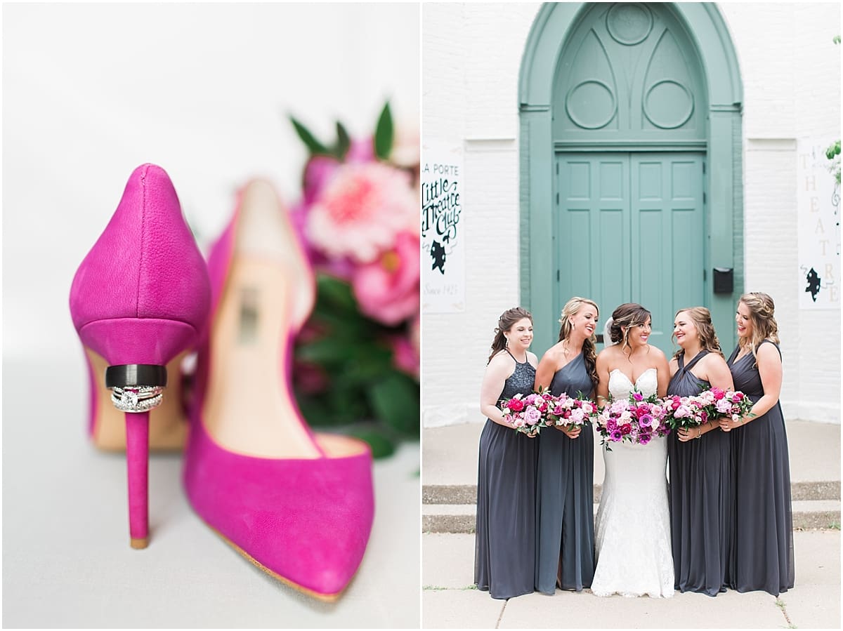 Arielle Peters Photography | Bride and bridesmaids in front of turquoise doors at The Allure in LaPorte, Indiana on wedding day.