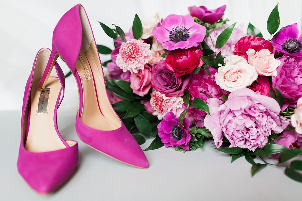 Arielle Peters Photography | Hot pink wedding day shoes and bouquet on wedding day at The Allure in LaPorte, Indiana.