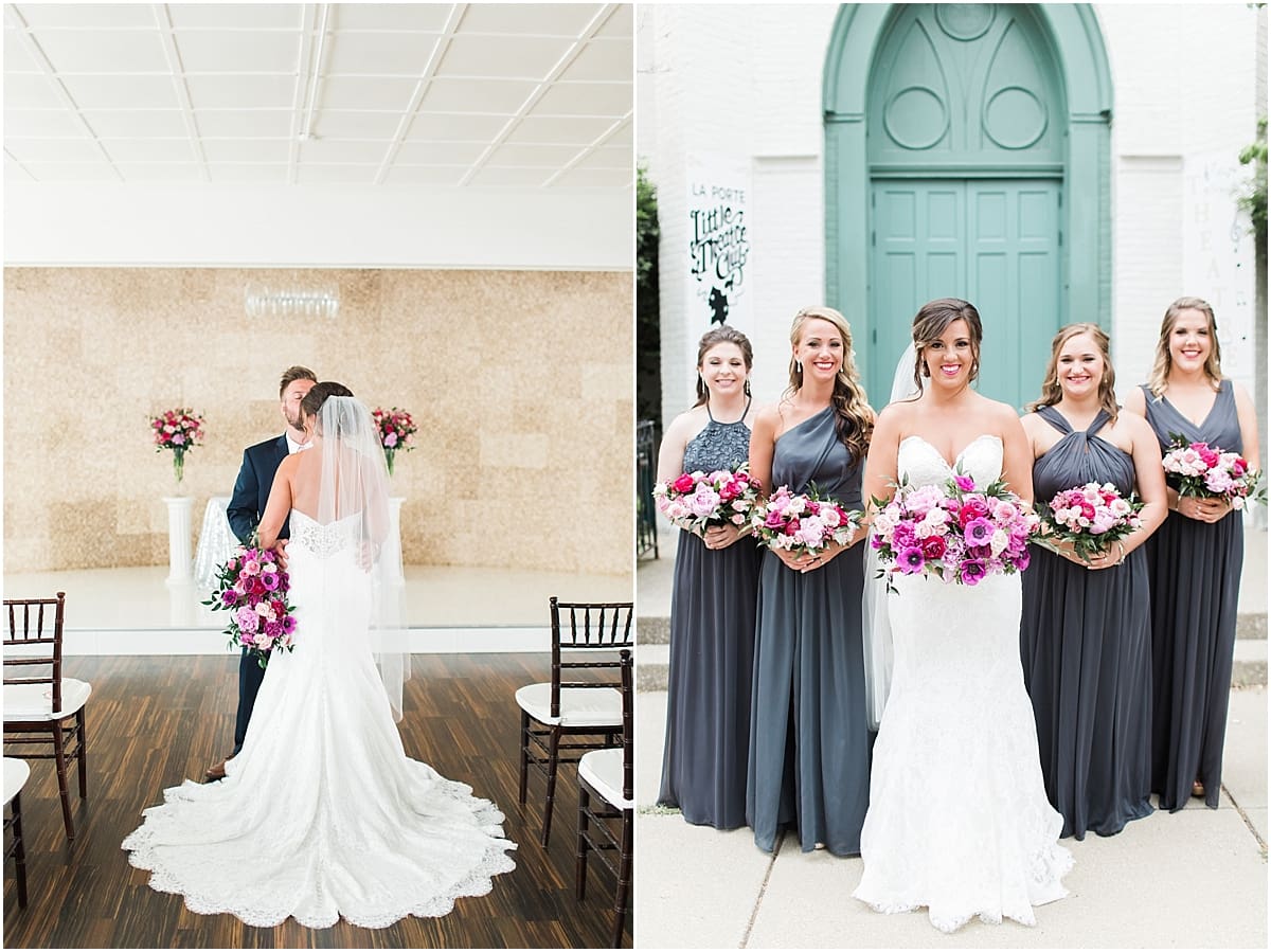 Arielle Peters Photography | Bride and bridesmaids in front of turquoise doors at The Allure in LaPorte, Indiana on wedding day.