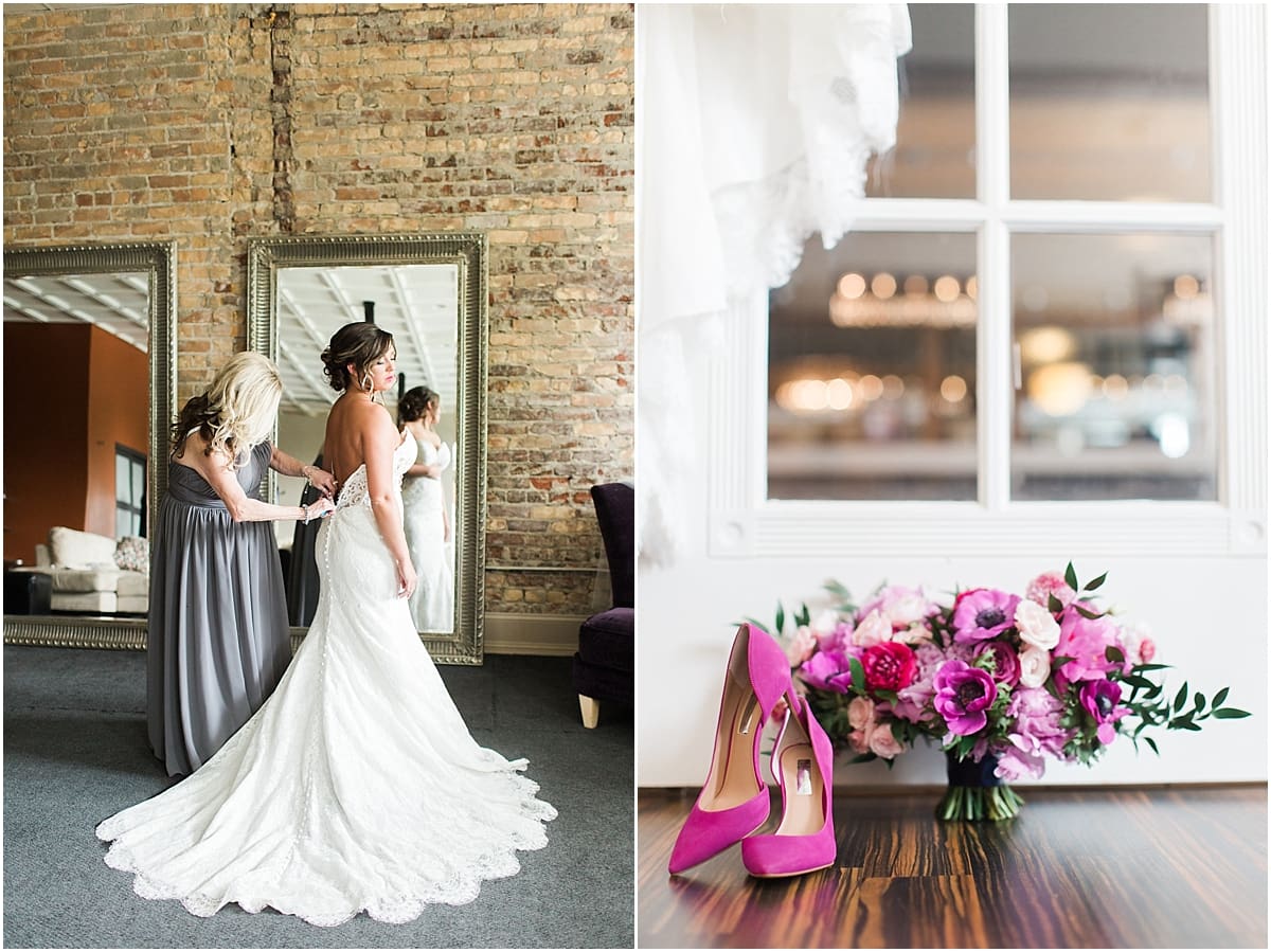 Arielle Peters Photography | Mother of bride helping bride get ready on wedding day at The Allure in LaPorte, Indiana.