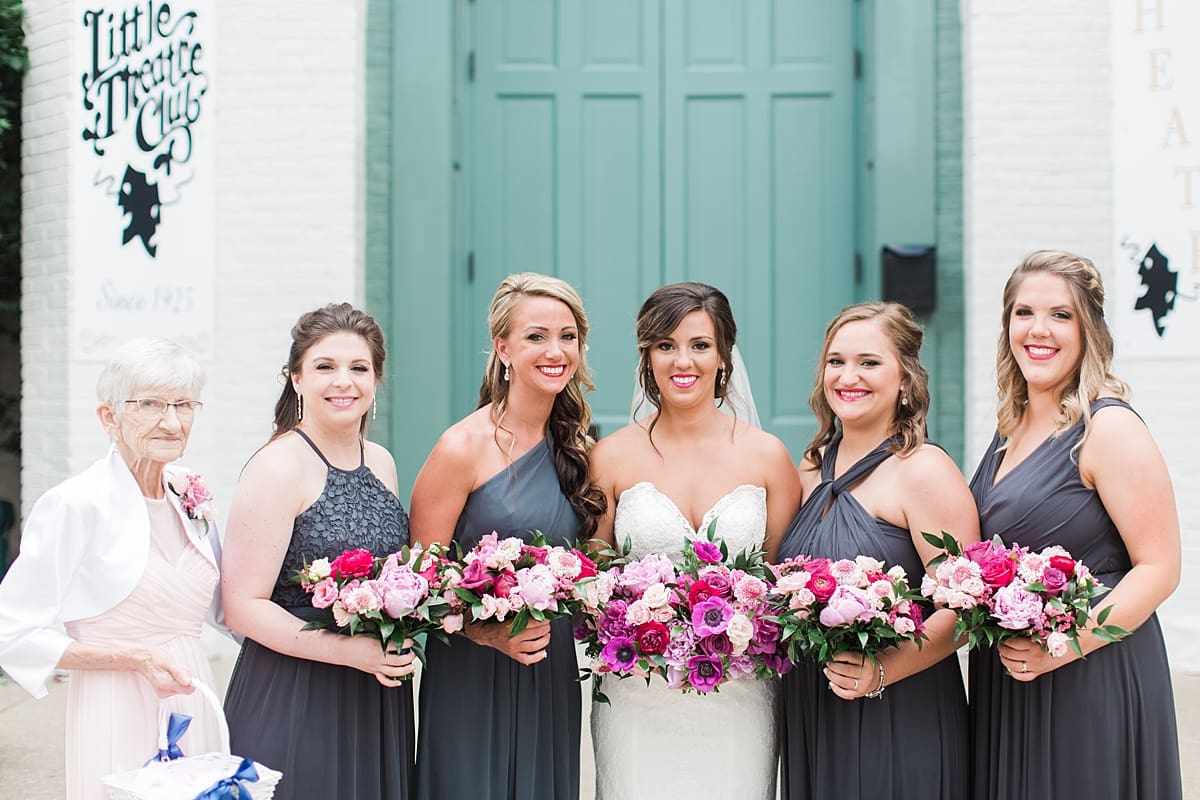 Arielle Peters Photography | Bride and bridesmaids in front of turquoise doors at The Allure in LaPorte, Indiana on wedding day.