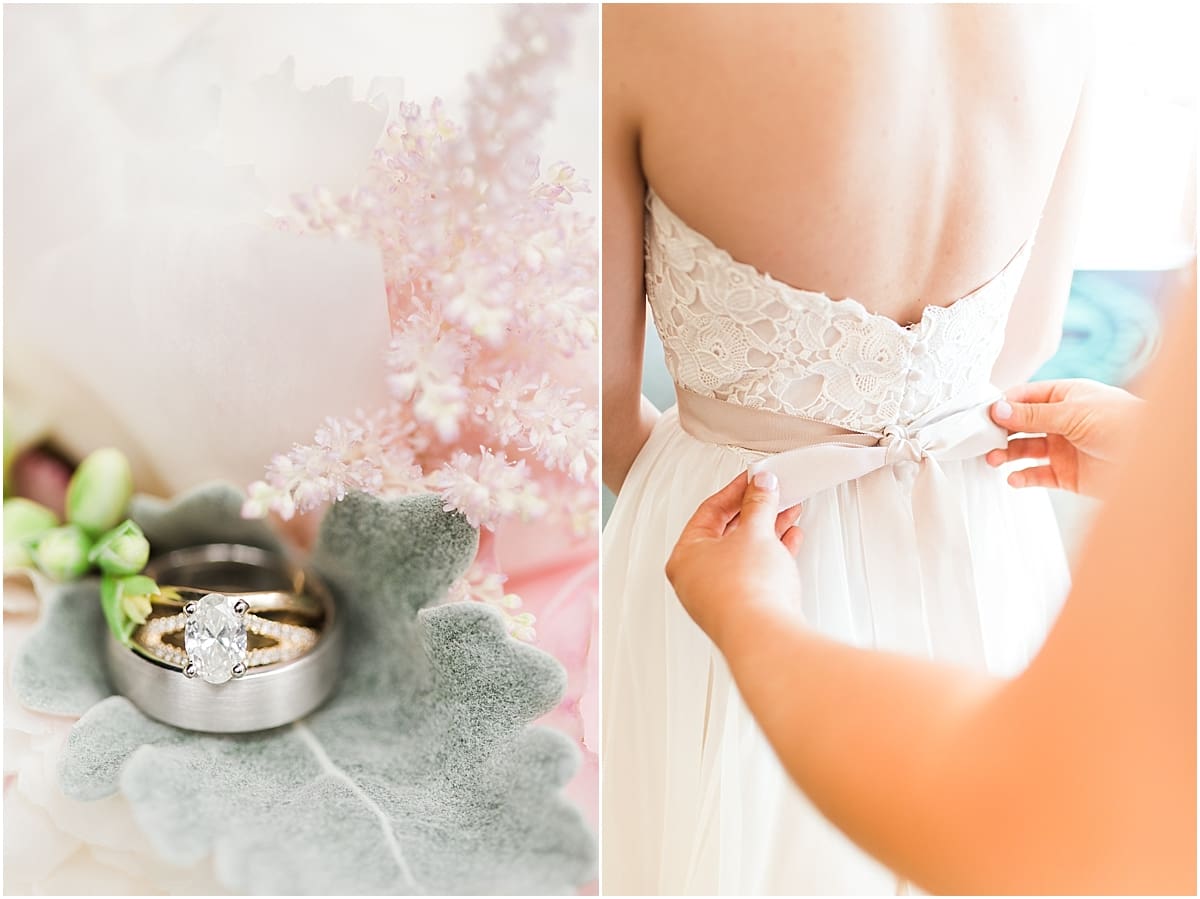 Arielle Peters Photography | Mother adjusting bow on wedding gown on wedding day at Morris Park Country Club in South Bend, Indiana.