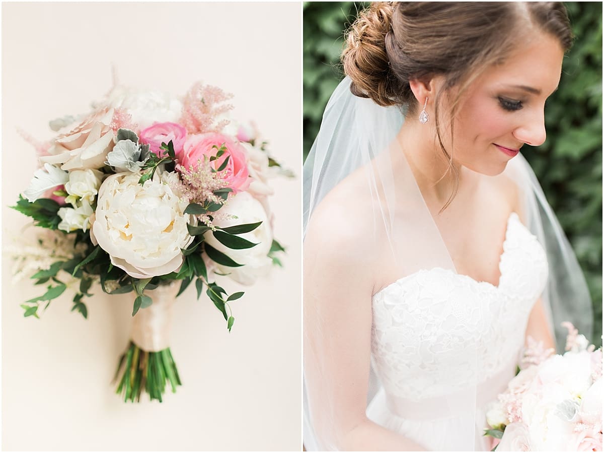 Arielle Peters Photography | Bride holding wedding bouquet on wedding day at Morris Park Country Club in South Bend, Indiana.