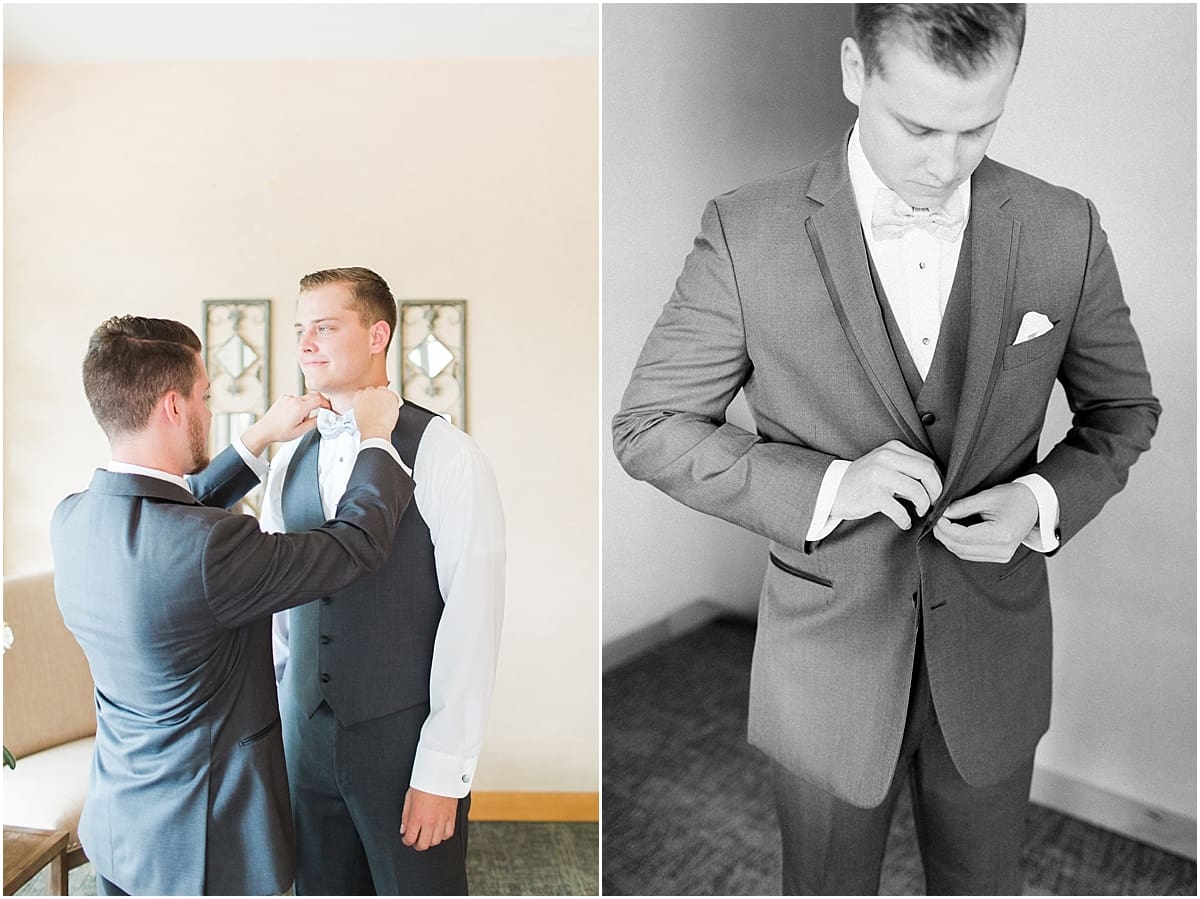 Arielle Peters Photography | Groom fastening tux jacket on wedding day at Morris Park Country Club in South Bend, Indiana.