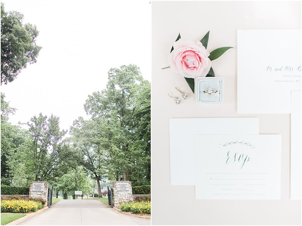 Arielle Peters Photography | Wedding day invitation and jewelry on wedding day at Morris Park Country Club in South Bend, Indiana.