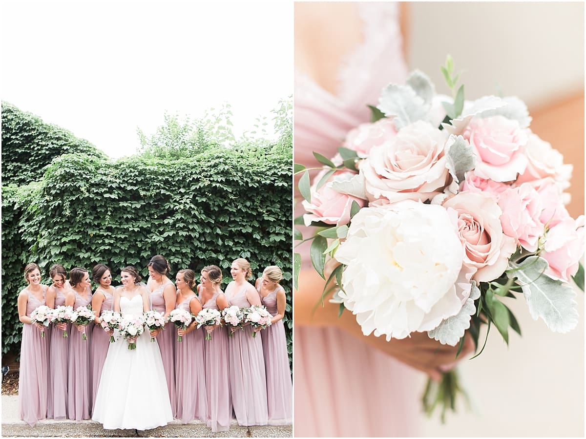 Arielle Peters Photography | Bride and bridesmaids by ivy-covered wall on wedding day at Morris Park Country Club in South Bend, Indiana.