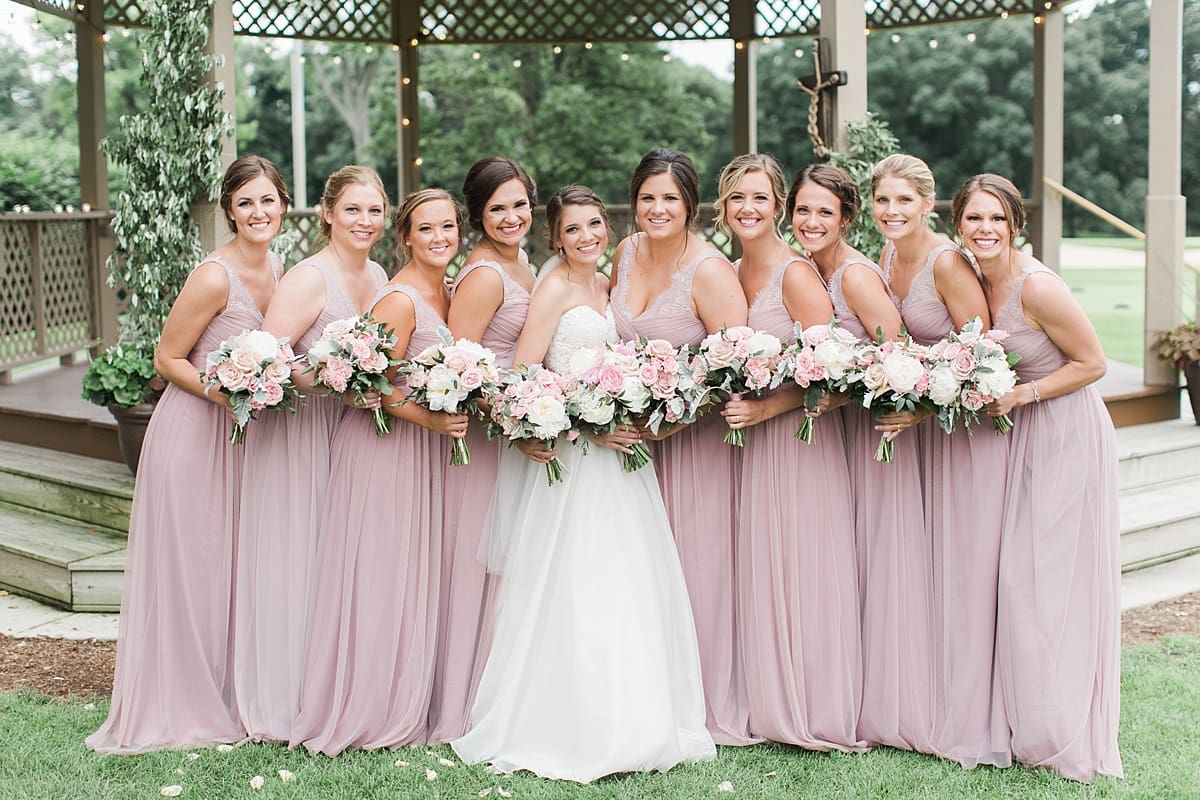 Arielle Peters Photography | Bride and bridesmaids by gazebo on wedding day at Morris Park Country Club in South Bend, Indiana.