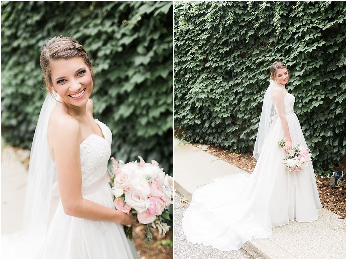 Arielle Peters Photography | Bride standing by ivy-covered wall on wedding day at Morris Park Country Club in South Bend, Indiana.