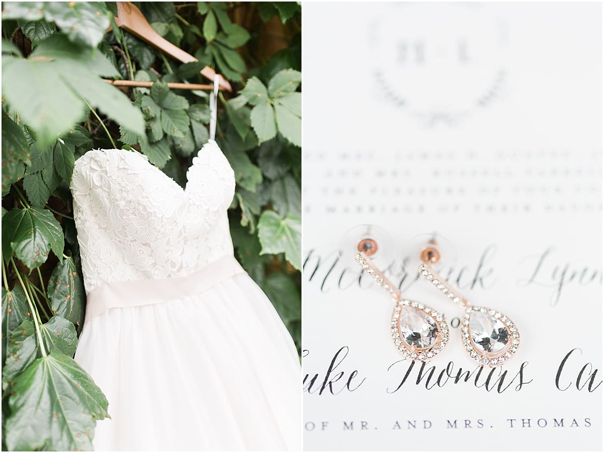 Arielle Peters Photography | Wedding dress hanging on ivy wall on wedding day at Morris Park Country Club in South Bend, Indiana.