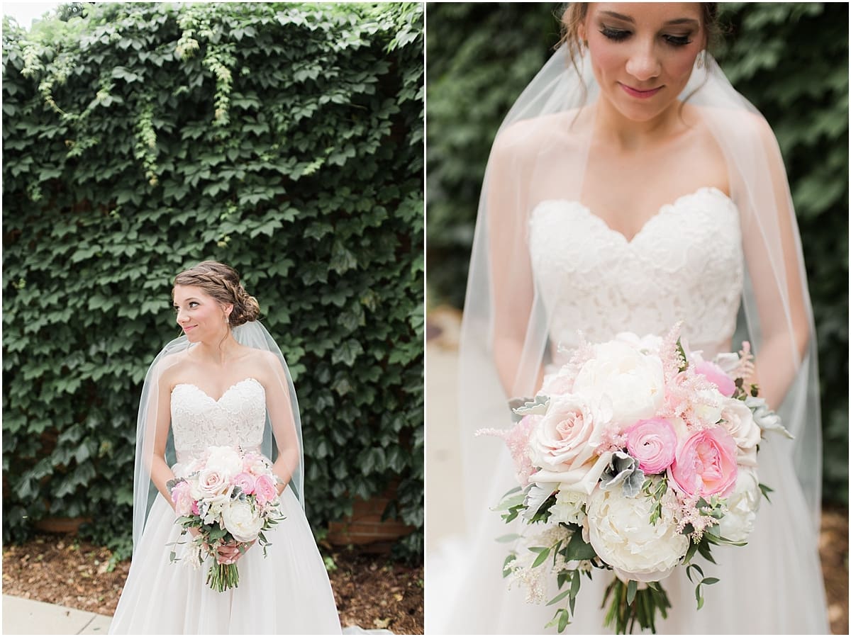 Arielle Peters Photography | Bride standing by ivy-covered wall on wedding day at Morris Park Country Club in South Bend, Indiana.