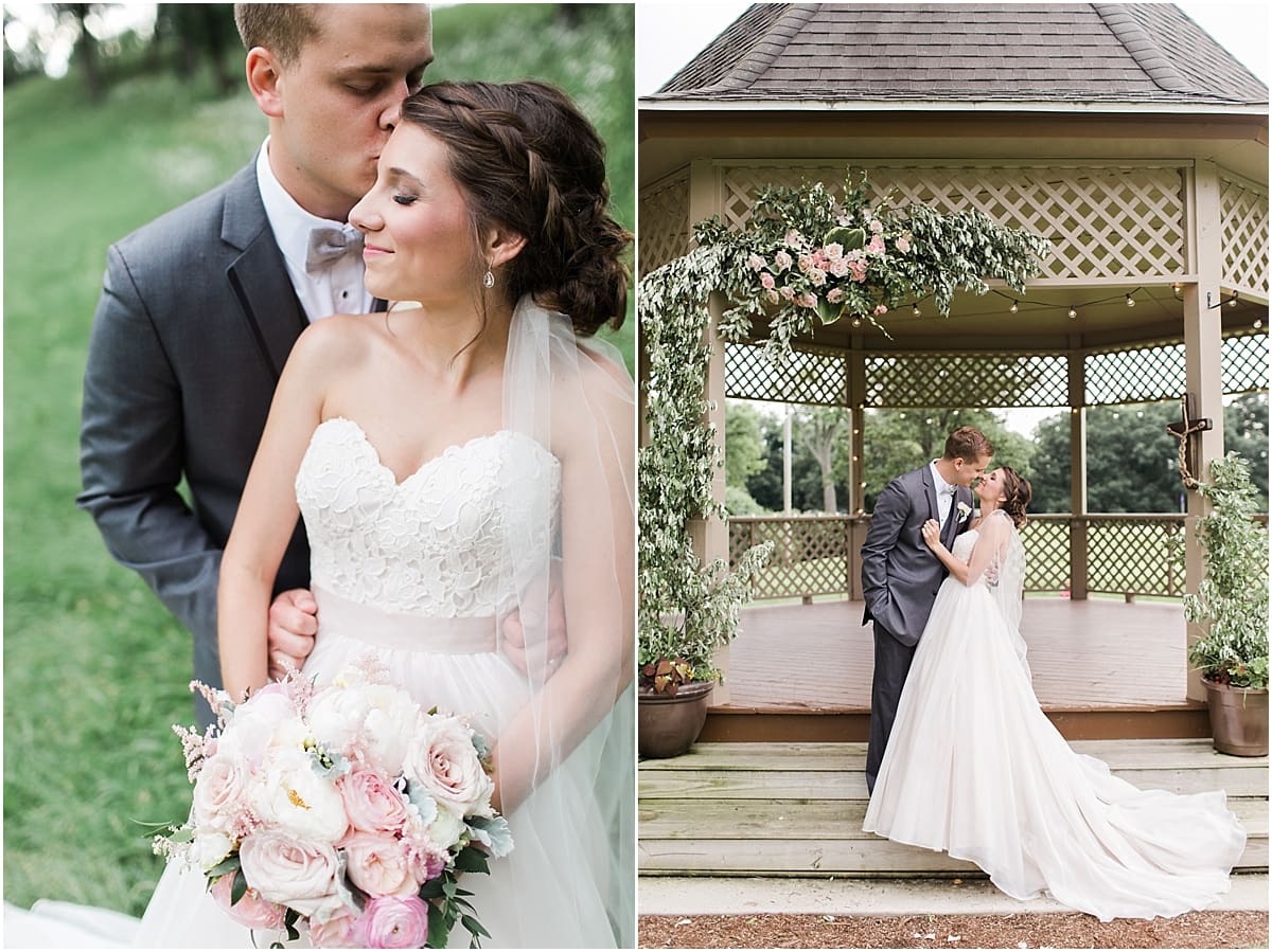 Arielle Peters Photography | Bride and groom kissing under gazebo on wedding day at Morris Park Country Club in South Bend, Indiana.