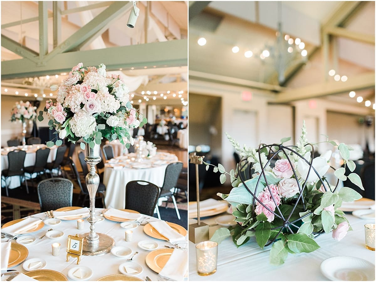 Arielle Peters Photography | Wedding reception table settings and floral arrangements on wedding day at Morris Park Country Club in South Bend, Indiana.
