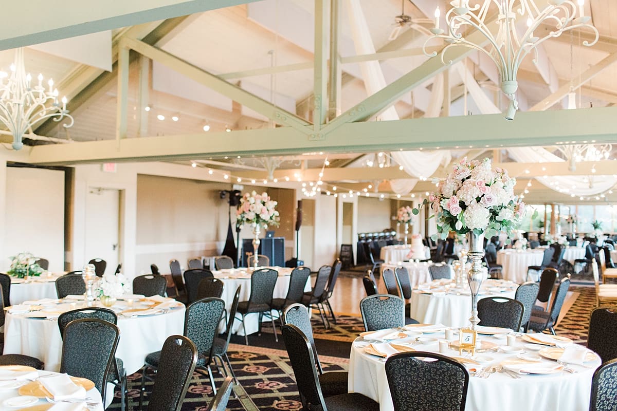 Arielle Peters Photography | Wedding reception table settings and floral arrangements on wedding day at Morris Park Country Club in South Bend, Indiana.